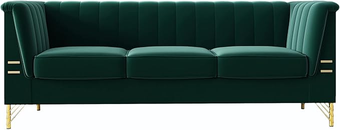 83.46 W Green Velvet Sofa Couch with Metal Gold Legs 3-Seater High Arm Upholstered Sofa for Living Room Bedroom Office (Green)