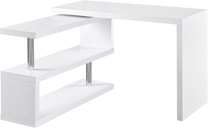 360 Degree Rotating Corner Computer Desk L Shaped Desk Home Office Workstation with 3 Tier Storage Shelves White