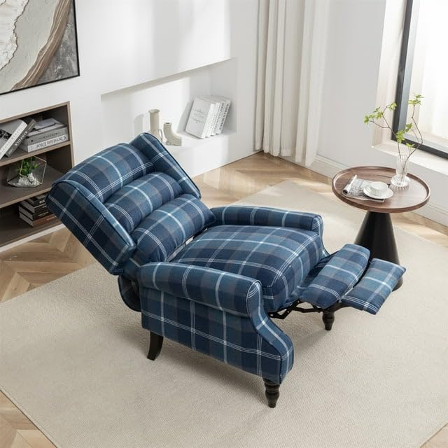Upholstered Wingback Recliner Chair Plaid Recliner Chair Armchair Adjustable Footrest Push Back Reclining Sofa Mid-Century Modern Lounge Armchair for Living Room Bedroom Reading - Blue