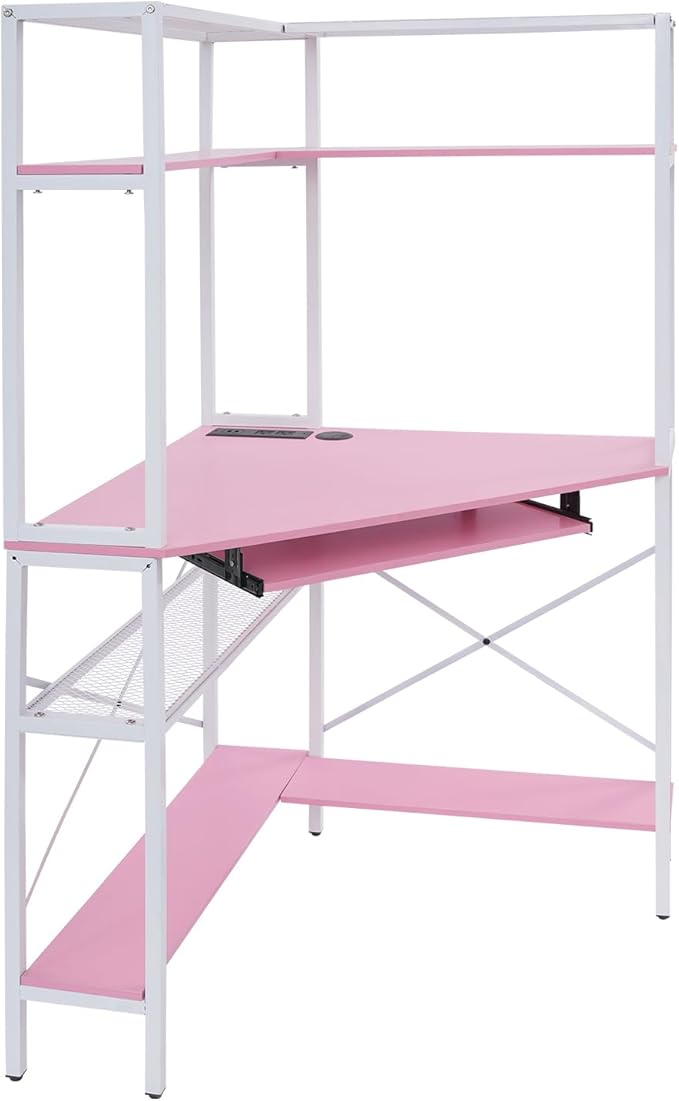 Corner Computer Desk with Power Outlets - 29.5x29.5x60in Gaming Desk with LED Light Strip &amp Storage Shelves for Home Office and Small Space
