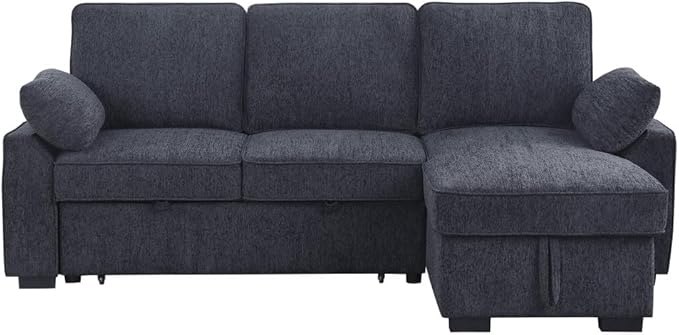 Lilola Home Mackenzie 91-inch Chenille Fabric Reversible Sleeper Sectional Sofa with Storage Chaise Drop-Down Table Cup Holders &amp USB/USB-C Charging Ports Easy Assembly Living Room — Charcoal