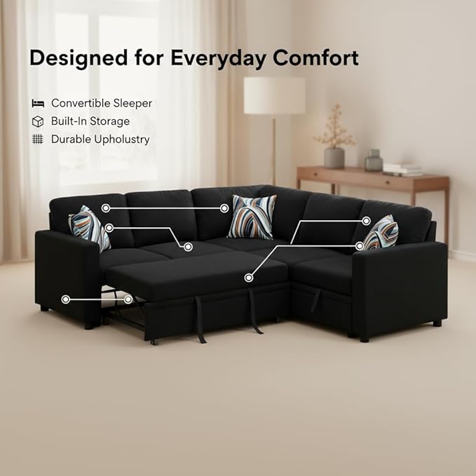 Sectional Sleeper Sofa with Pull Out Bed L Shape Convertible Couch with Storage Chaise Comfy Sleeper Couch 2 in 1 Pull Out Sofa Bed with 5 Seats for Living Room Apartment Black