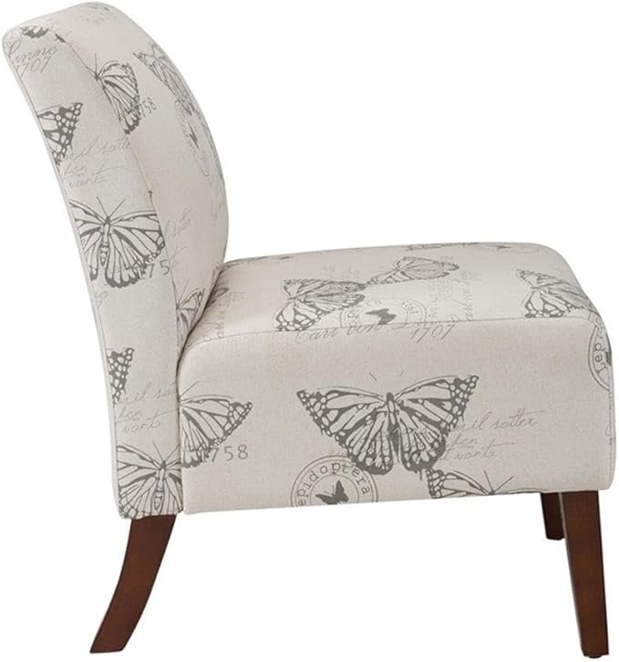 Riverbay Furniture 17.5'' Slipper Chair Gray Butterfly Linen Upholstery Eucalyptus Wood Frame Dark Espresso Legs Contemporary Animal Print Accent Chair Stylish Seating for Living Room or Bedroom