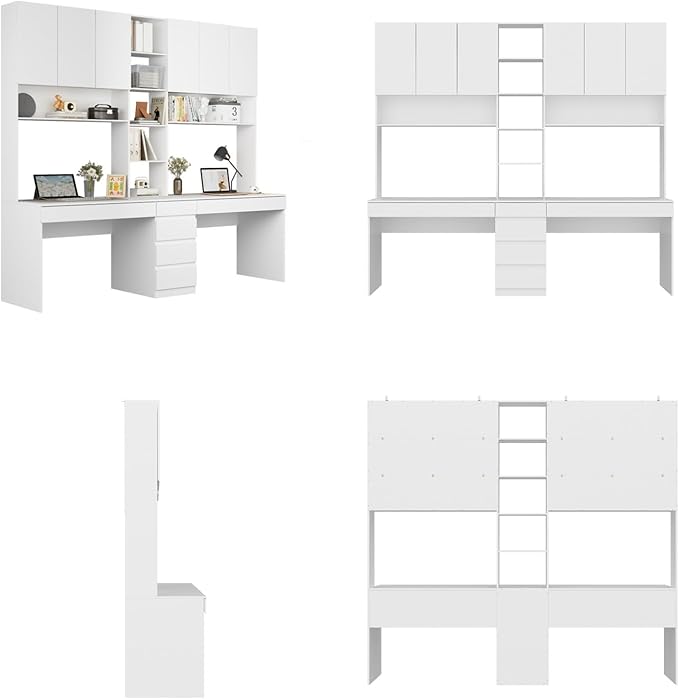 2 Person Computer Desk with 6 Drawers &amp Doors 94.5” Large Double Office Desk with Bookshelves &amp Hutch Long Writing Table White 94.5”W x 23.6”D x 86.6”H