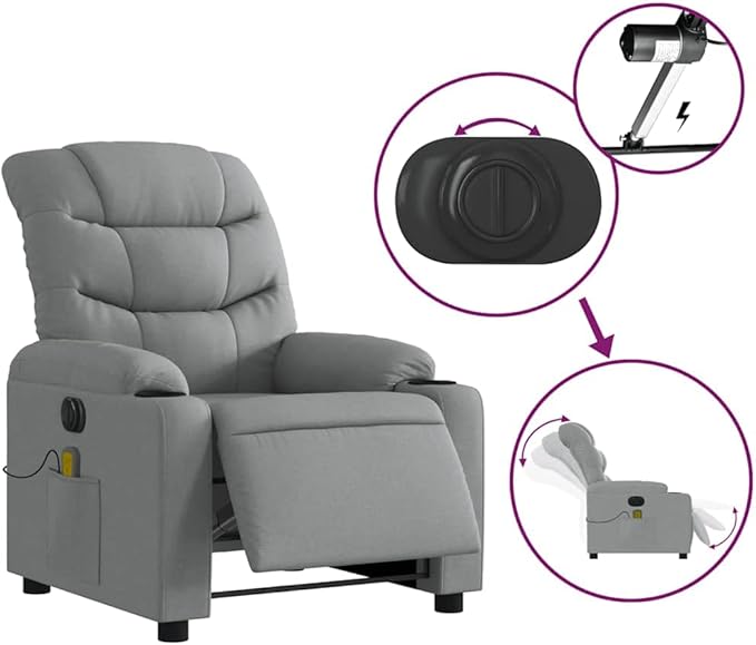 Electric Massage Recliner Chair Light Grey Polyester Fabric Metal Plywood Adjustable Living Room Comfy Relaxation