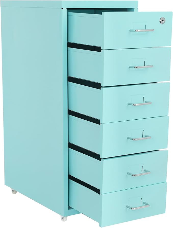 6 Drawers File Cabinet with Lock Rolling Mobile Filing Cabinet with Wheels Under Desk Vertical Filing Cabinet for Office/Home Metal (Light Blue)