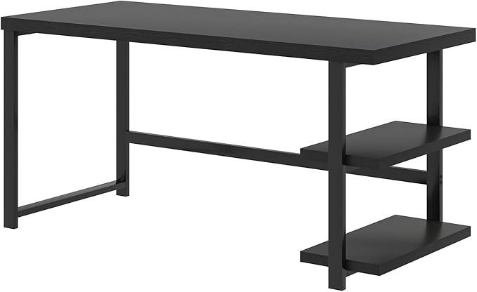 EXCEFUR Black Desk Modern Computer Desk for Home Office Metal Wood Writing Study Table Workstation with Storage Shelf for Living Room Bedroom 53 Inch