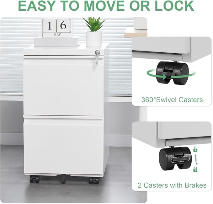 Heavy-Duty Steel Office File Cabinet with Locking Drawers Mobile Vertical Storage Unit for Legal Letter and A4 Documents (2 Drawer White)
