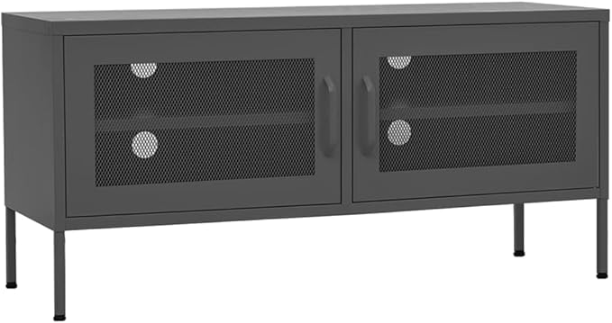 vidaXL Industrial Style TV Stand 41.3x13.8x19.7 Anthracite Steel Material with 2 Mesh Doors &amp Cable Management Holes.