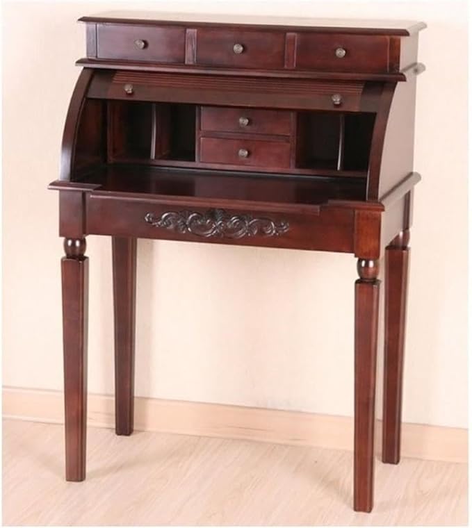 BOWERY HILL Roll Top Secretary Desk 42 H x 31 W x 17 D Hardwood Dual Walnut Stain Retractable Cover 3 Drawers Hand Carved Floral Motif Traditional Style Home Office Writing Desk