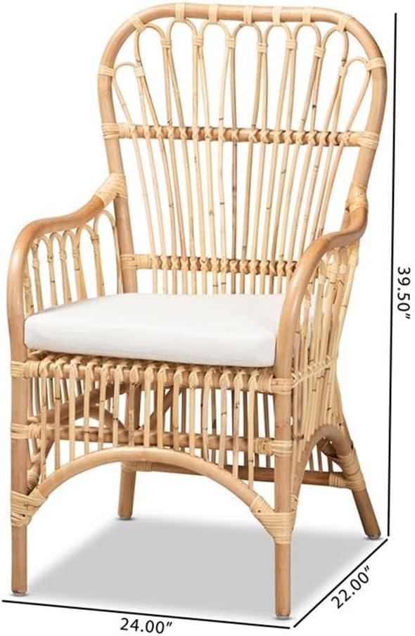 BOWERY HILL Modern Rattan Fabric Armchair 39.5 H x 24 W x 22 D Natural Beige Finish Foam-Padded Removable Cushion Spindle Design Handmade Accent Chair for Living Room or Bedroom