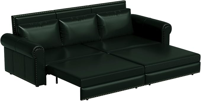 93.7 King Size Chesterfield 3-seat Pull Out Sofa Bed Leather Sofa Bed with Nailhead Trim and Rolled Arm 3-in-1 Sofa Sleeper for Living Room Apartment Office Green