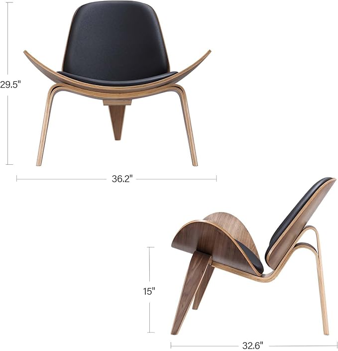 Mid Century Modern Shell Lounge Chair PU Leather Tripod Plywood Classic Design Solid Wood Accent Chairs for Living Room Reading Lounge Office Salon