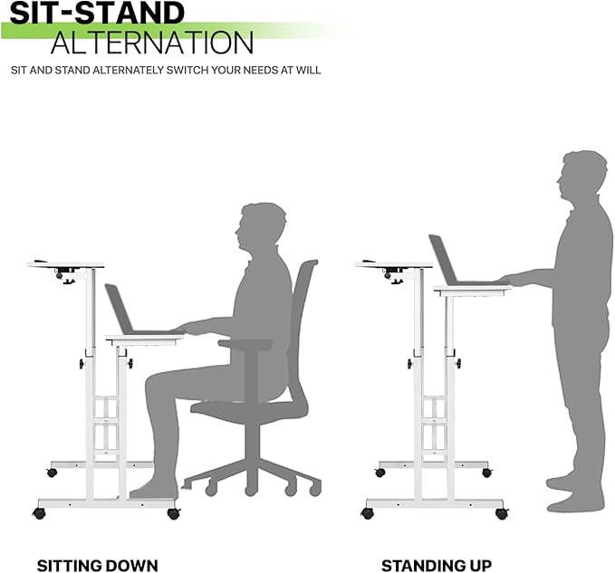 Magshion Standing Desk with Wheels Height Adjustment from 28 to 46 Sit to Stand Up Mobile Computer Desk Rolling Laptop Cart for Home Office Walking Pad Writing and Gaming White