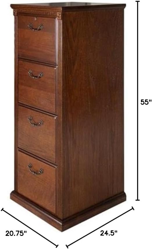 Pemberly Row Traditional 4-Drawer Wood Filing Cabinet Office Storage in Brown Solid Wood Sturdy and Durable Office or Home Use Secure Document Organization Classic Design