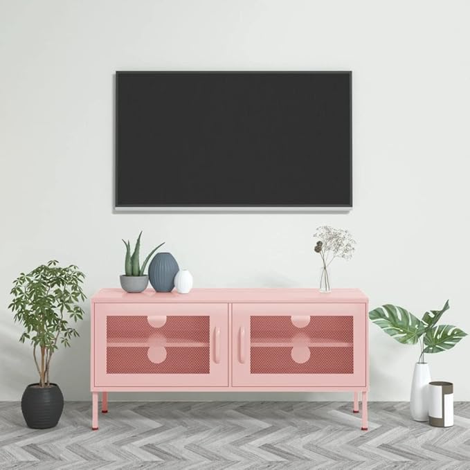 vidaXL Industrial Style TV Stand in Pink Steel Adjustable Height Cable Management System 41.3x13.8x19.7 2 Doors and 1 Shelf Maximum Loading 220.5lb