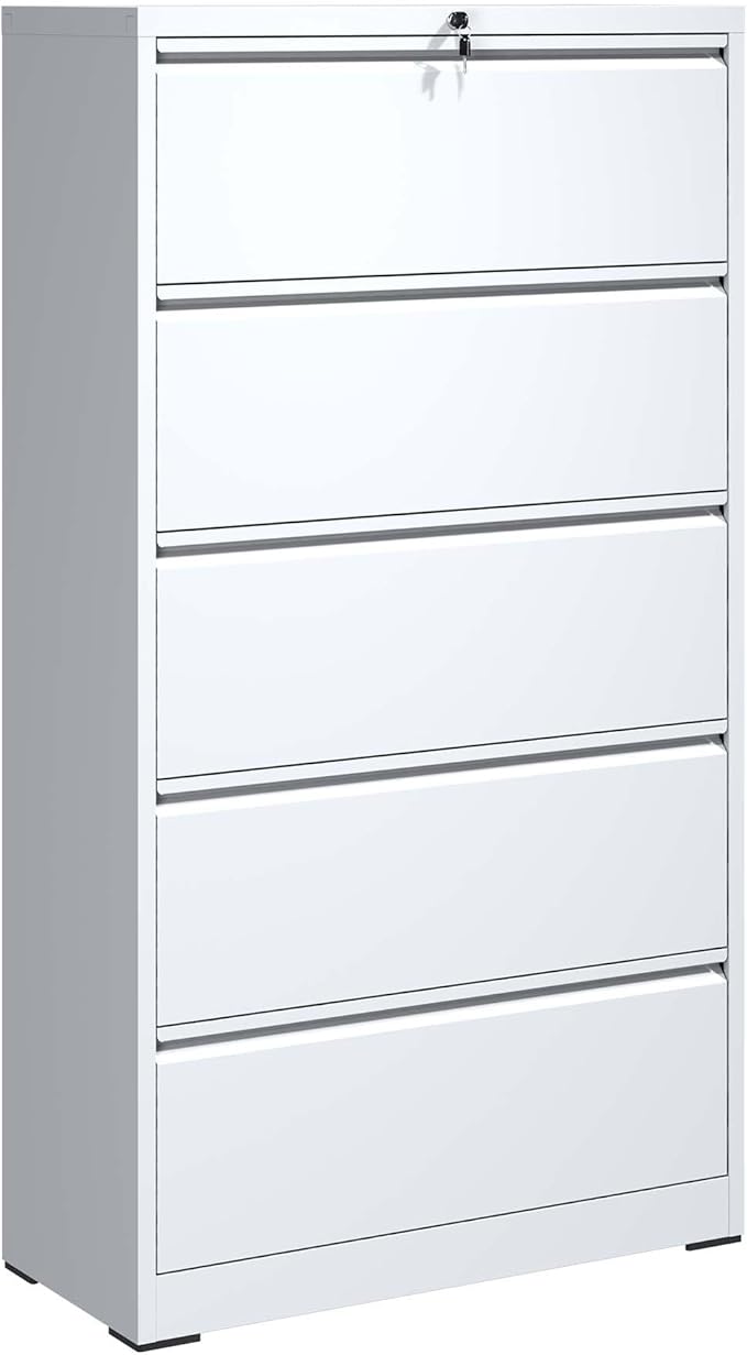 5 Drawer Small File Cabinet with Lock Locking Filing Cabinet for Home Office Under Desk Storage Cabinet Organizer with DrawersWhite