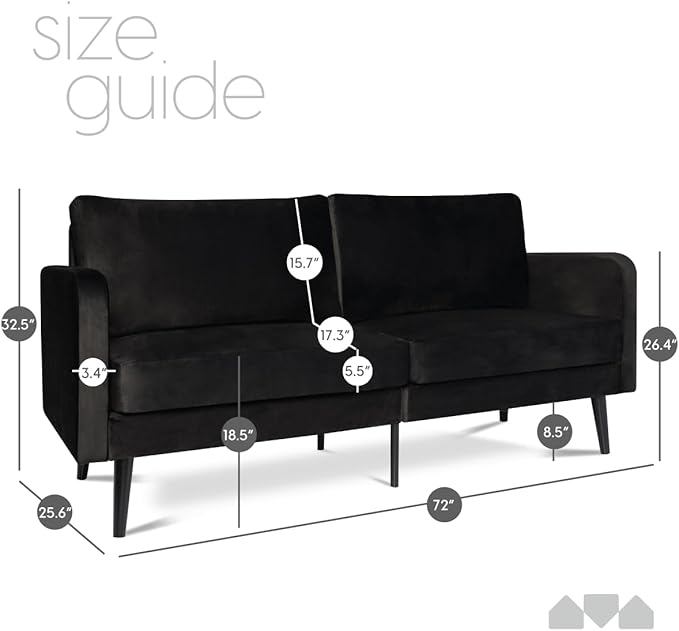 Milliard Velvet Loveseat Sofa 3 Seater 72 Couch with Soft Cushions - Compact One Box Design for Easy Apartment Delivery Modern Style for Living Room Bedroom Office (Velvet Black) (Black)