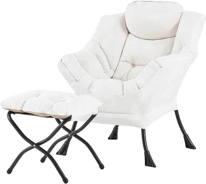 Welnow Lazy Chair with Ottoman Modern Reading Accent Chair with Armrests and a Side Pocket Leisure Upholstered Lazy Sofa Set with Footrest for Small Space Beige