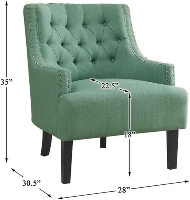 Pemberly Row Upholstered Accent Chair Teal Fabric Solid Wood Frame Button-Tufted Back Nailhead Trim Espresso Finish Legs 34.75 H x 28 W x 30.25 D Modern Traditional Living Room Seating