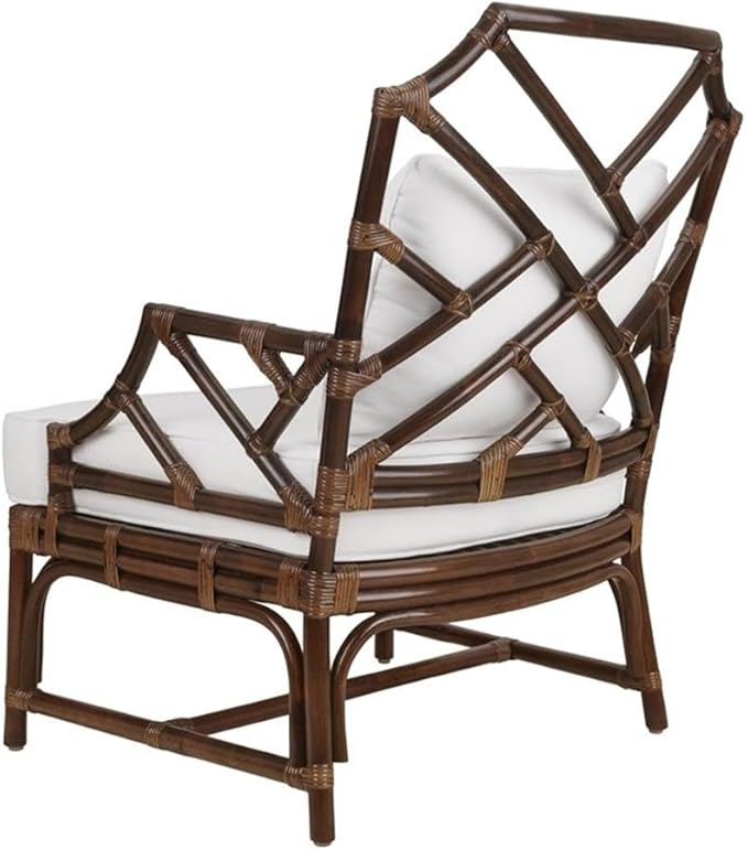 Pemberly Row Accent Arm Chair 17.5 Seat Height Rattan and Cotton Paloma Brown Finish Chinese Chippendale Style Removable Cushion Coastal or Classic Decor for Living Room or Bedroom