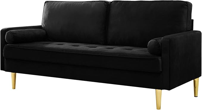 65'’ Velvet Upholstered Loveseat Sofa with Gold Metal Legs Modern Tufted Backrest Couch Solid Wood Frame for Living Room BedroomApartmentOfficeSmall Space (Black)