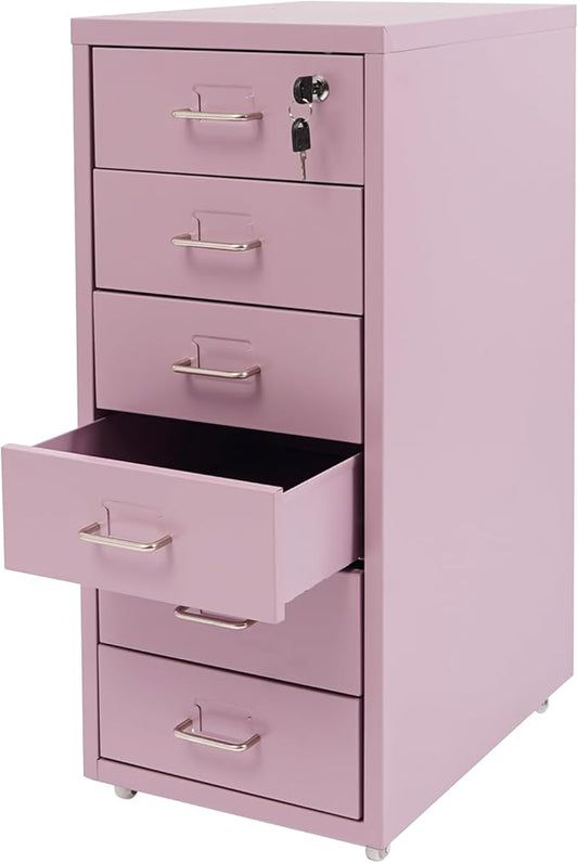 Office File Cabinet w/4 Wheels 6 Drawer Metal Small Vertical File Cabinets w/2 Lock Smooth Edges Mobile Storage Cabinet File Organizer for Home Office Living Room 11 * 16 * 27in (Purple)