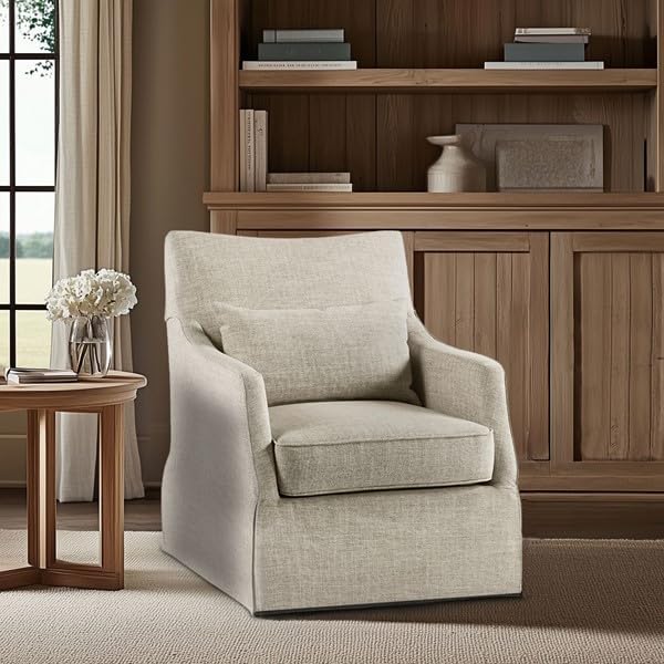 Martha Stewart London Swivel Chair - Solid Wood &amp Plywood Skirted Metal Base Accent Armchair Lumbar Pillow -Modern Classic Family Room Sofa Furniture Bedroom Lounge 28X31.5X35.25 Beige Mult