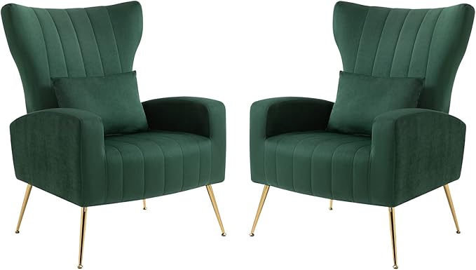 Living Room Chairs Set of 2 Modern Velvet Accent Chairs with Lumbar Pillow High Back Armchair Arm Chairs with Gold Metal Legs for Bedroom Green