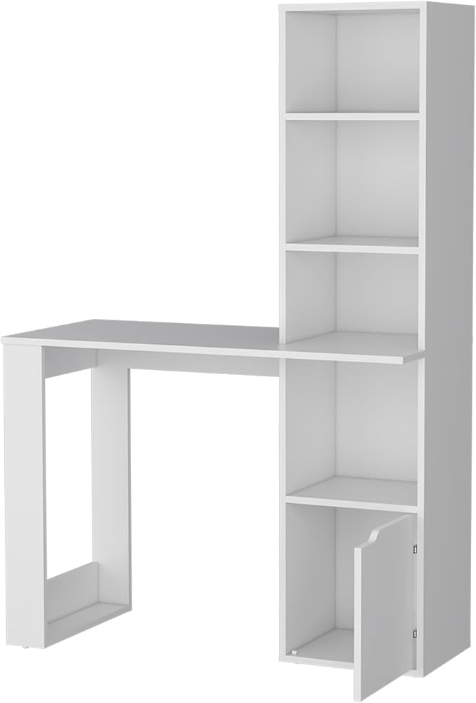 Penau Stylish White Office Desk with Integrated Bookcase Lower Cabinet for Storage Durable Particle Board Construction 58.27 Inches Height 38.78 Inches Width