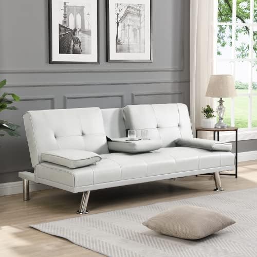 Convertible Folding Futon Sofa Bed Leather Upholstered Modern Couch Loveseat Sleeper Folding Daybed Guest Bed Removable Armrests 2 Cup Holders Metal Legs (White)