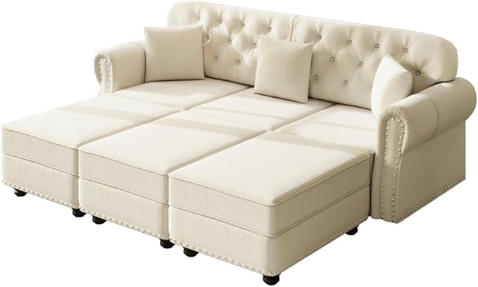 82.6 Width Beige Velvet Upholstered Sectional Sofa with 3 Footrests Button Tufted Back Nailhead Trim &amp Rolled Arms Modern Chesterfield Style Living Room Couch with 3 Pillows