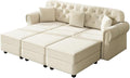 82.6 Width Beige Velvet Upholstered Sectional Sofa with 3 Footrests Button Tufted Back Nailhead Trim &amp Rolled Arms Modern Chesterfield Style Living Room Couch with 3 Pillows