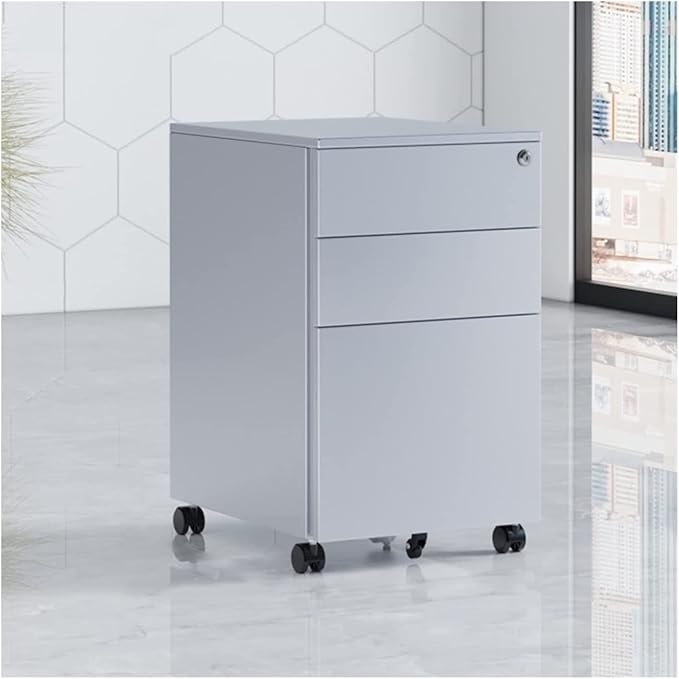 Floor Standing File Cabinet Movable Cabinet Three Drawers Steel Movable Push Cabinet Lockable Storage Cabinet (C)