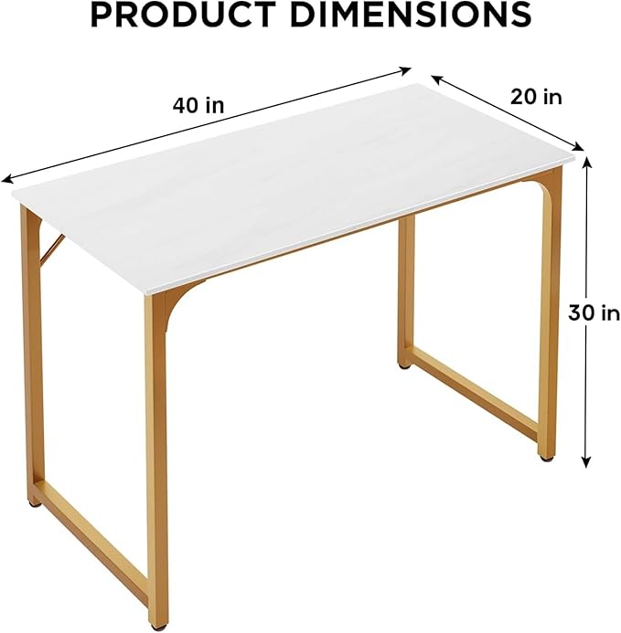 Bigacc Computer Desk Office Desk with Metal Frame Adjustable Feet | Water-Resistant Scratchproof Surface | Sturdy Writing Table for Home Office or Study (White Gold 39 Inch)