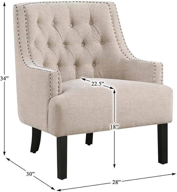 Pemberly Row Contemporary Chenille Accent Chair Beige Finish Solid Wood and Plywood Frame Button-Tufted Back Dacron-Wrapped Foam Cushions 18-Inch Seat Height Living Room or Office Seating