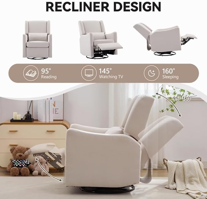Polibi 29.5'' Wide Wingback Swivel Rocker Recliner Chair Rocking Chair with Head &amp Lumbar Support Modern Accent Chair for Living Room Beige + Linen