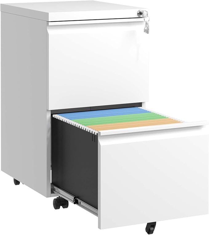 2 Drawer Small Metal Mobile File Cabinet with Lock Rolling Filing Cabinet for Home Office Under Desk Locking Storage Drawers OrganizerAntiqueWhite