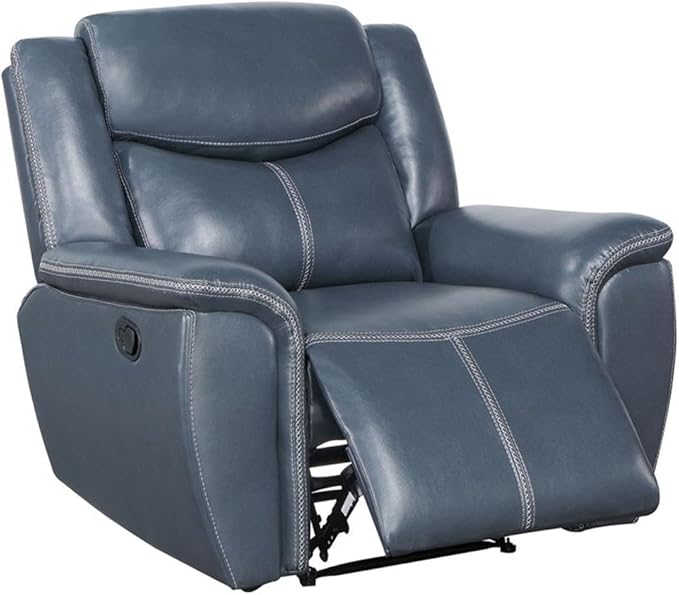 Pemberly Row Faux Leather Upholstered Motion Recliner Chair Blue Manual Recline Wall Hugger Design Pocket Coil Spring Seat 40.25 H x 55 W x 39.25 D Comfortable Foam Cushions for Living Room