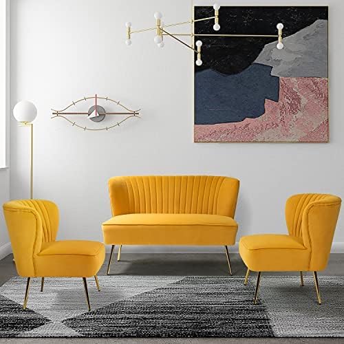 HULALA HOME 3 Piece Velvet Living Room Furniture Set Modern Comfy Upholstered Chair Set with Golden Legs include Loveseat &amp 2 Accent Chairs for Bedroom MUSTARD Tufted 2-Seater Sofa &amp Armles
