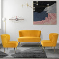 HULALA HOME 3 Piece Velvet Living Room Furniture Set Modern Comfy Upholstered Chair Set with Golden Legs include Loveseat &amp 2 Accent Chairs for Bedroom MUSTARD Tufted 2-Seater Sofa &amp Armles