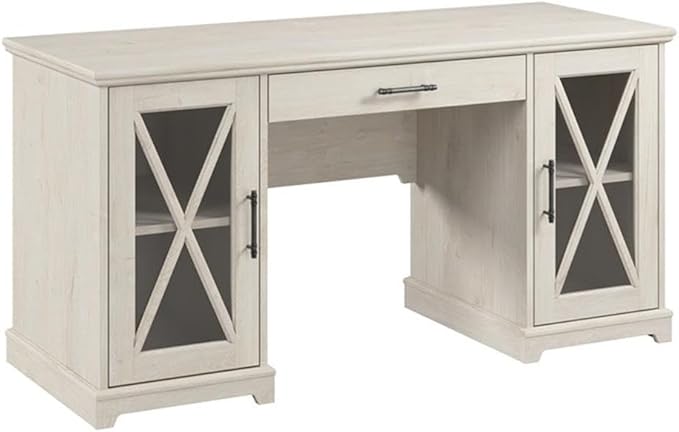 Bush Furniture Lennox 60W Farmhouse Desk with Storage and Keyboard Tray in Linen White Oak | Computer Table for Home Office Workspace