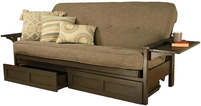Kodiak Furniture Alamosa Full Size Futon Frame with Storage Drawers - Wood Sofa Sleeper Frame with Mattress Included in Linen Stone Gray Color