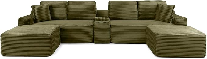 150 Oversized Modular Sectional Sofa Deep Seat Cloud L-Shape Corduroy Couch with Cup Holders USB Ports Wireless Charging &amp Storage Box Upholstered Modular Sleeper Sofa for Living Room (Green)