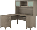 Pemberly Row 60W L Shaped Desk with Hutch Engineered Wood Ash Gray Finish Keyboard Tray File Drawer Adjustable Shelves Frosted Glass Doors Home Office Furniture Set
