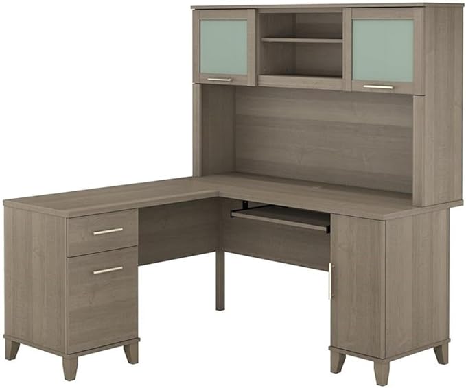 Pemberly Row 60W L Shaped Desk with Hutch Engineered Wood Ash Gray Finish Keyboard Tray File Drawer Adjustable Shelves Frosted Glass Doors Home Office Furniture Set