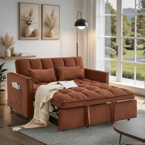 3 in 1 Convertible Sofa Bed Velvet Fabric Loveseat Sleeper Couch Modern Pull Out Couch with Side Pockets Sleeper Sofa Bed with Adjustable Backrest for Living Room Camel