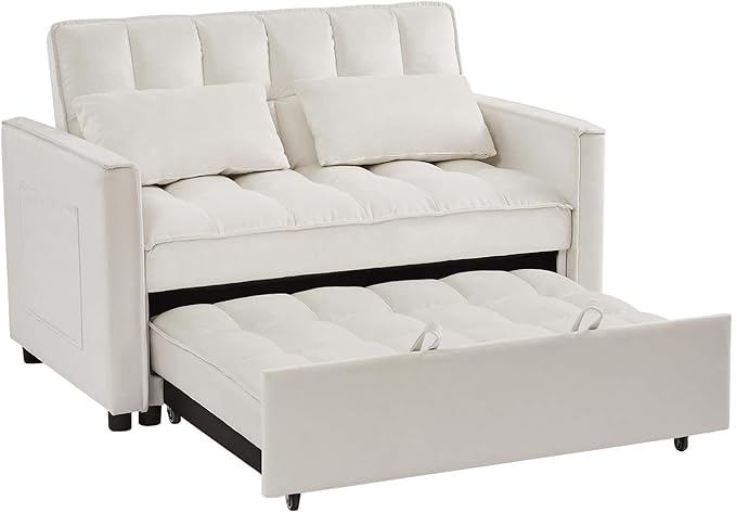 Sleeper Sofa Couch w/Pull Out Bed 53 Modern Velvet Convertible Sleeper Sofa Bed Small Love seat Sofa Bed with 2 Pillows &amp Side Pockets for Small Space Living Room Apartment Off White