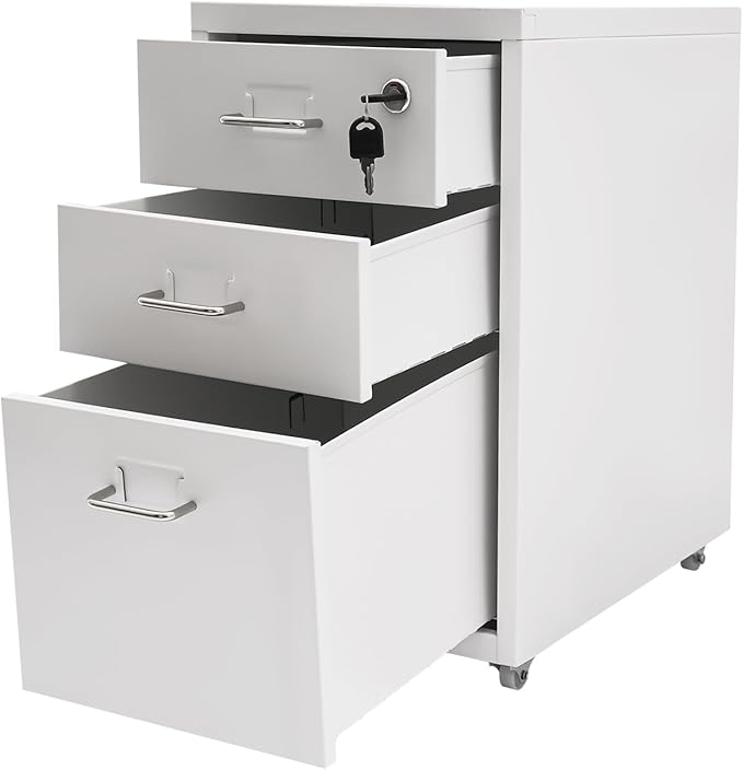 Locking 3-Drawer Vertical File Cabinet on Wheels Mobile Steel Storage Organizer with Keys for Home Office Study (White)