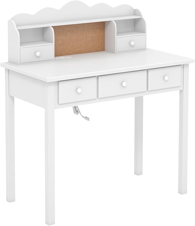 White Writing Desk with Hutch and Drawers 36 Inch Home Office Desk with Charge Station Computer Work Station with Storage Shelf